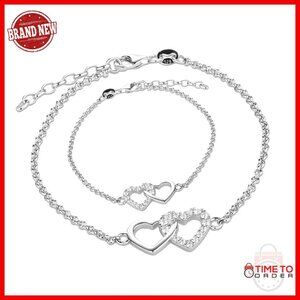 Sterling Silver Mom & Me Heart Bracelet Set, Adjustable, Cubic Zirconia